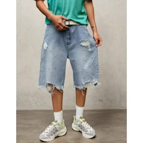 Unisex Denim Jorts Baggy Ripped Rhinestone Mid-Low Bermuda Streetwear - Picture 5 of 6